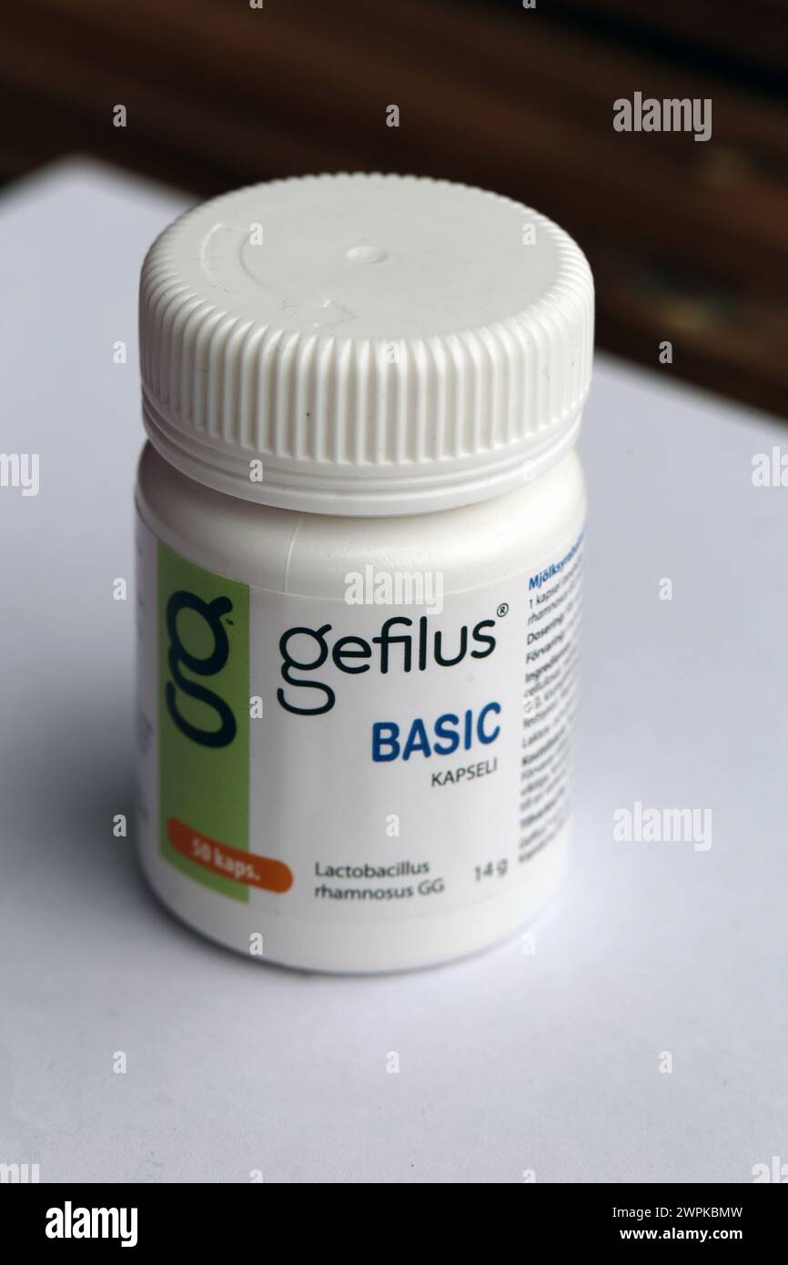 Espoo, Finland - April 2020: Gefilus Basic lactobacillus capsules. Over the counter pharmaceutical product to support gastrointestinal track function. Stock Photo