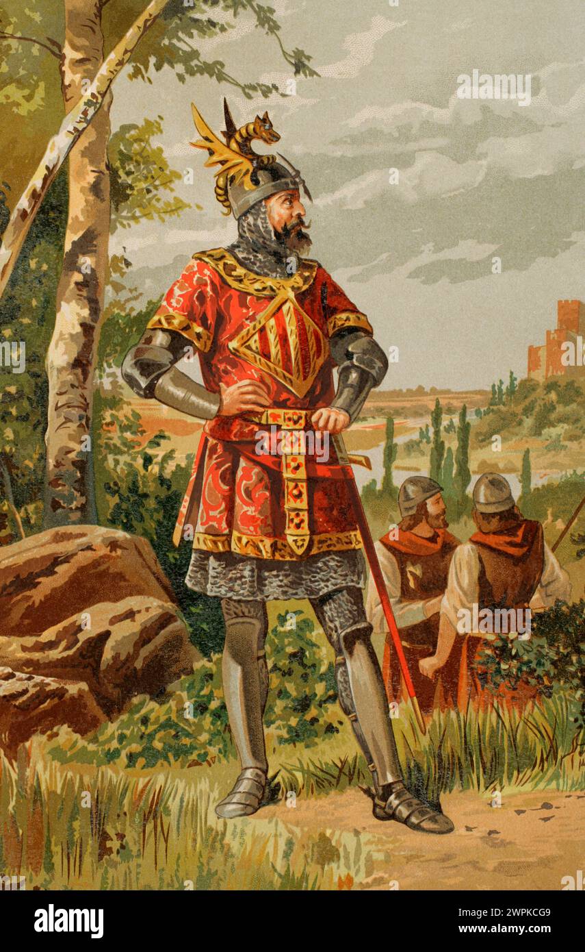 Roger de Flor (ca. 1267-1305). Mercenary warlord who served the Crown of Aragon. Chromolithography. 'Glorias Españolas' (Glories of Spain). Volume II. Published in Barcelona, 1890. Stock Photo