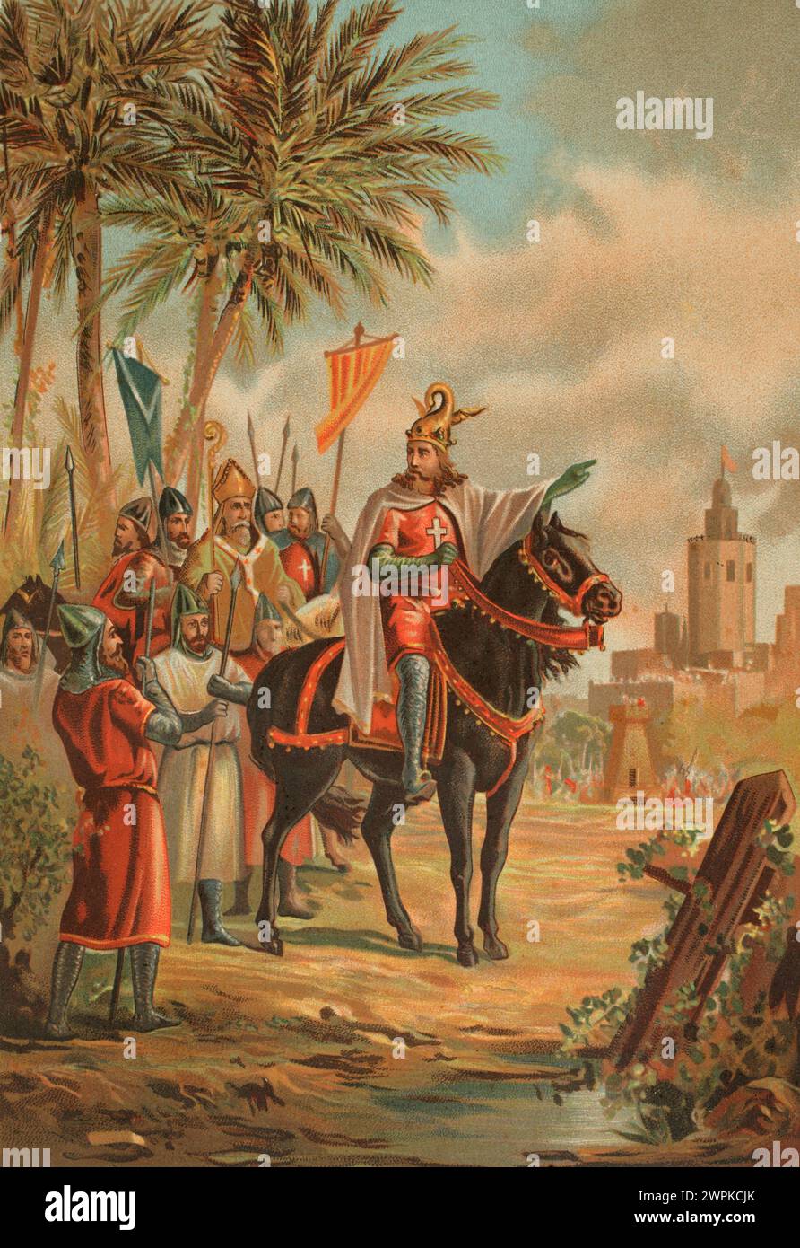 James I the Conqueror (1208-1276). Count of Barcelona and King of Aragon (1213-1276), Valencia (1239-1276) and Majorca (1229-1276). Conquest of Valencia. King James I at the siege of the city of Valencia, 1238. Chromolithography. 'Glorias Españolas' (Glories of Spain). Volume II. Published in Barcelona, 1890. Stock Photo