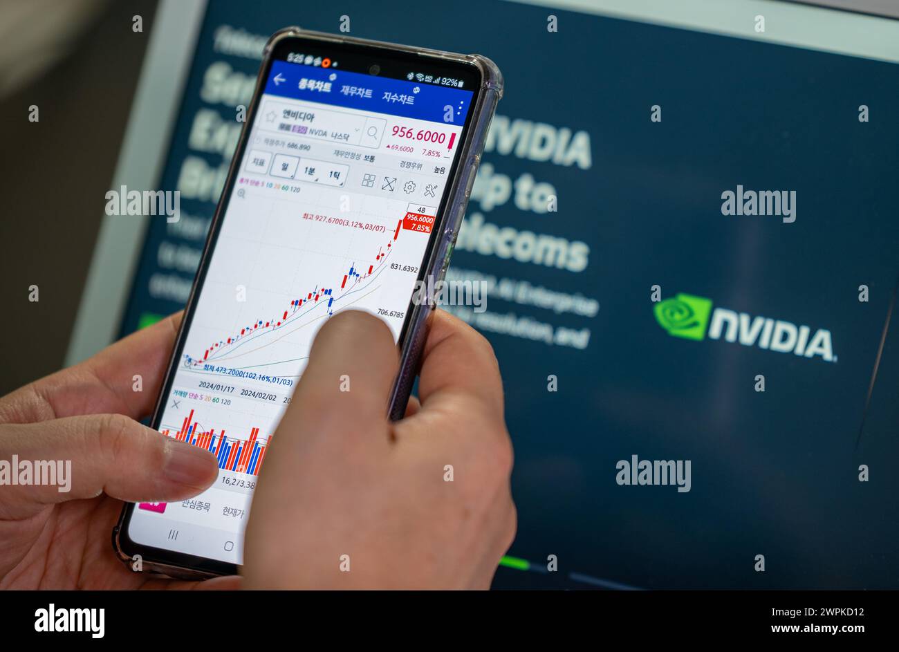 Seoul, South Korea March 8, 2024 A man's hand searching the Nvidia