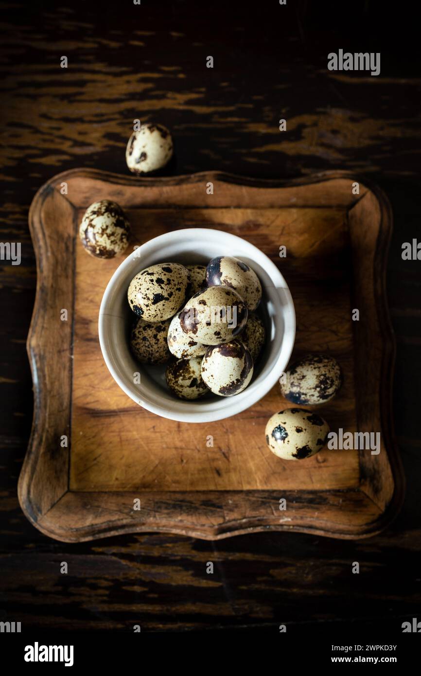 Quail Eggs on Table: Fresh Farm Harvest Stock Photo