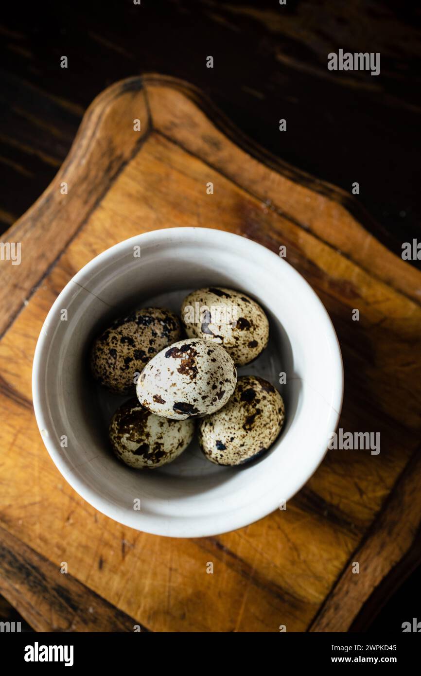 Quail Eggs on Table, Fresh Farm Harvest Stock Photo