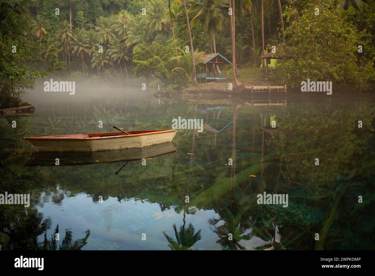 Boat at the Paisu Pok Lake, Banggai, Sulawesi, Indonesia. Stock Photo