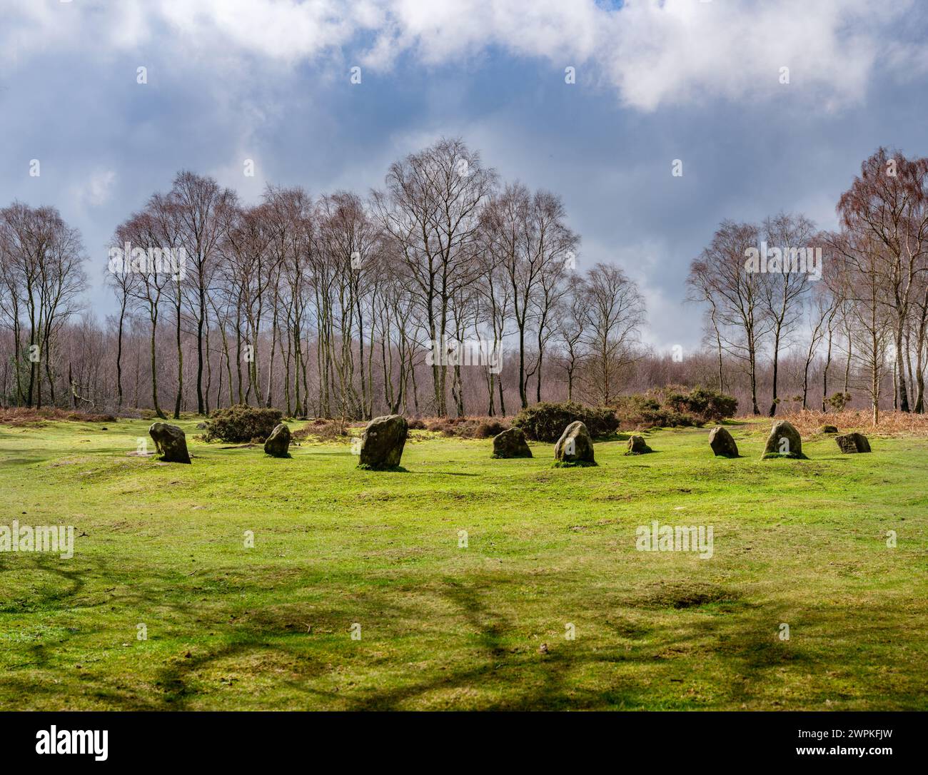 The Nine Ladies a Late Neolithic stone circle on Stanton Moor in the Derbyshire Peak District UK Stock Photo