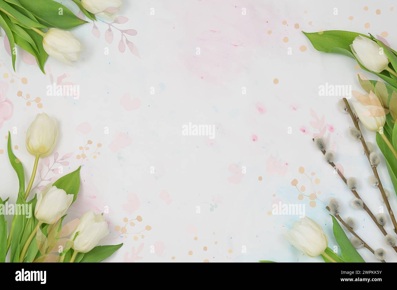 Frame with flowers (white tulips) with empty space to fill in for example with wishes. Photo composed with graphits. Stock Photo