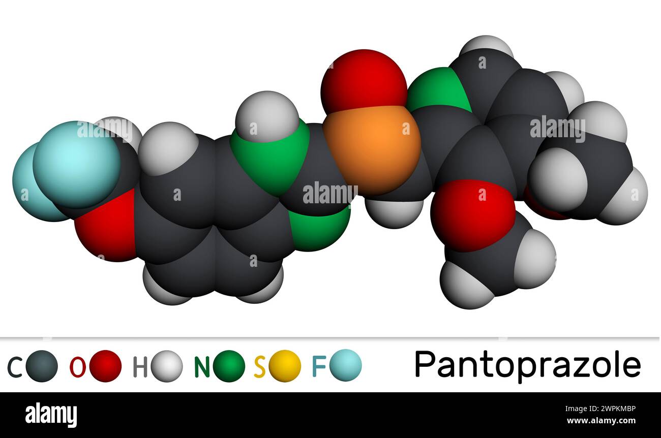 Pantoprazole molecule. It is proton pump inhibitor, gastric ulcer drug. Molecular model. 3D rendering. Illustration Stock Photo