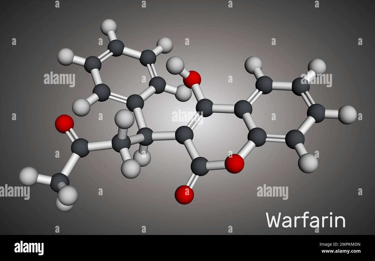 Warfarin drug molecule. Warfarin is an anticoagulant, used to prevent blood clot formation. Molecular model. 3D rendering. Illustration Stock Photo
