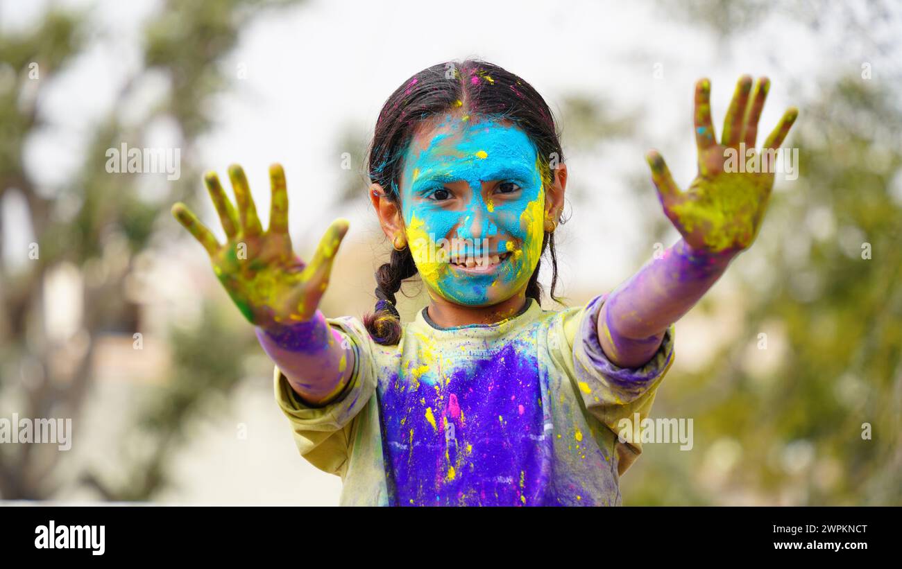 Indian Child Color Hand Happy Cute Smiling little Indian kids showing their colourful hands or ...