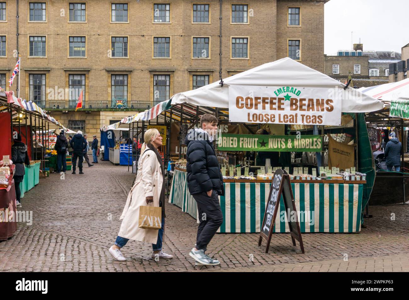 Stalls in the Market Square, Cambridge. Stock Photo