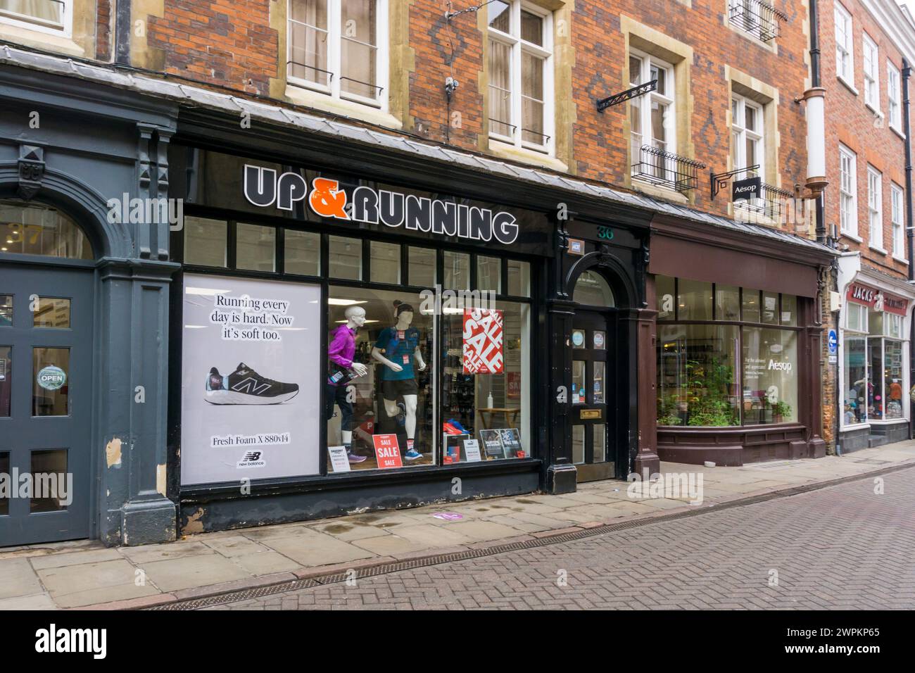 Premises of UP & Running shop in Trinity Street, Cambridge. Stock Photo
