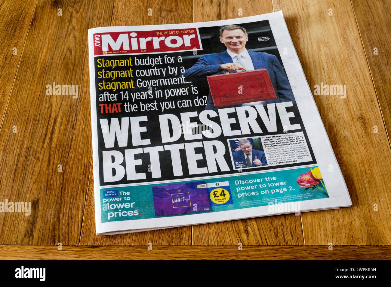 7 March 2024. Daily Mirror headline after budget reads: We Deserve Better. Stock Photo