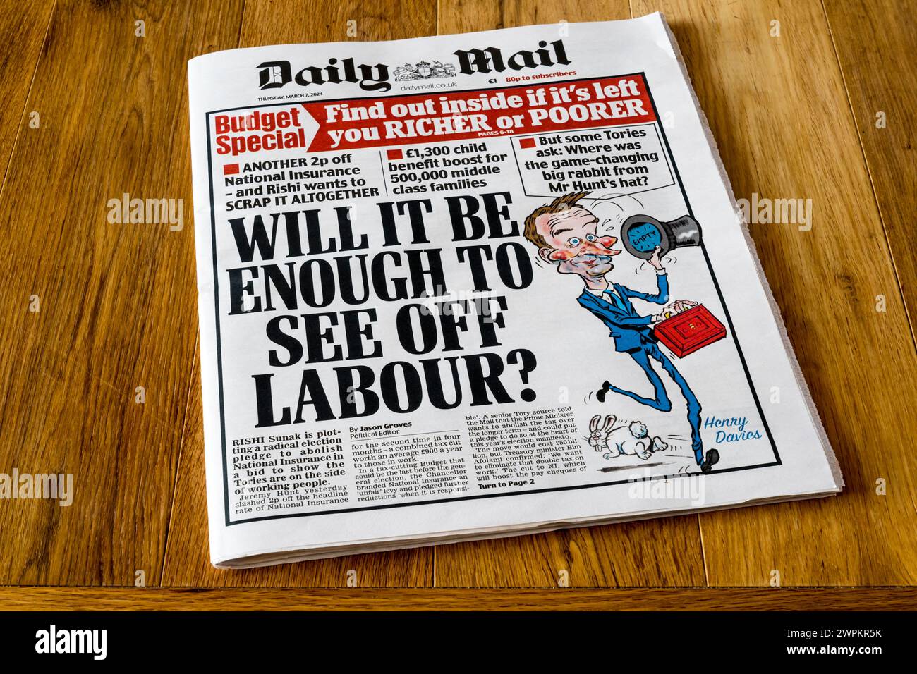 7 March 2024. Daily Mail headline after budget reads: Will it be enough to see off Labour? Stock Photo