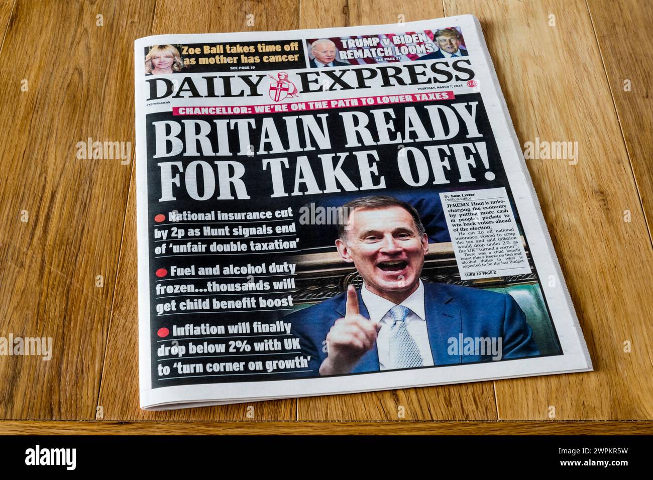 7 March 2024. Daily Express headline after budget reads: Britain Ready for Take Off! Stock Photo