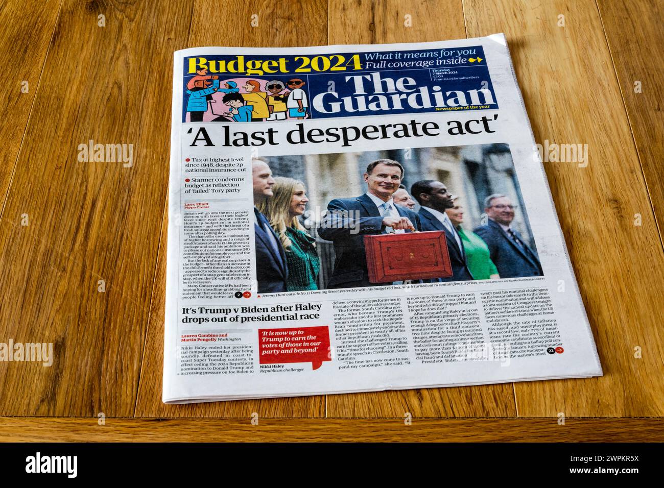 7 March 2024. The Guardian headline after budget reads: 'A last desperate act'.  Quoting Labour leader Keir Starmer's description of the budget. Stock Photo