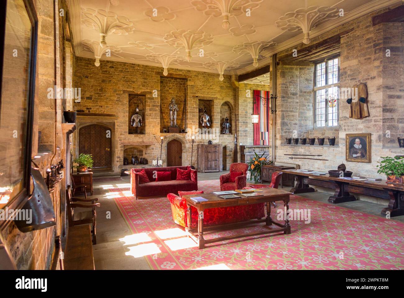 The Great Hall inside interior of Broughton Castle, a moated medieval fortified manor house near Banbury, Oxfordshire. UK. (134) Stock Photo