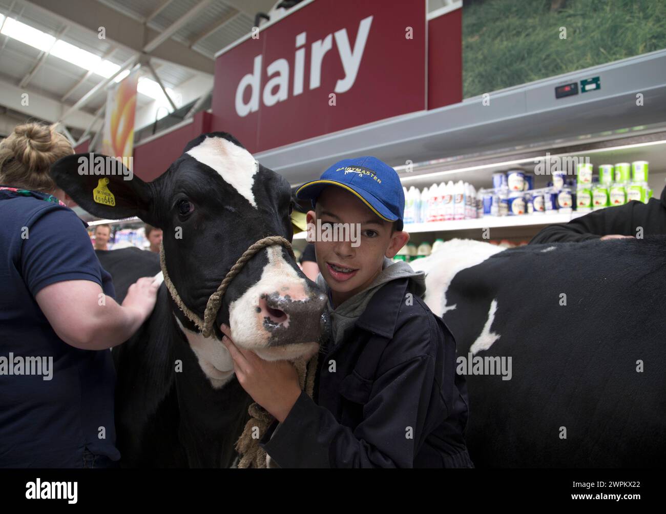 09/08/15  ***with video***  Joel Dary (14)  from Stone, Staffordshire.  Protesting dairy farmers brought chaos to an Asda store today when they marche Stock Photo