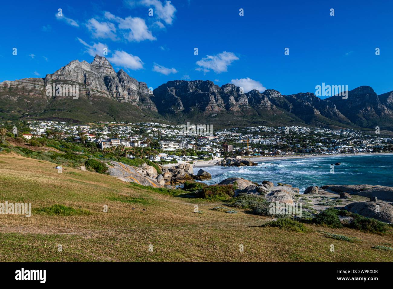 Fine sand beach under the Twelve Apostles, Camps Bay, Cape Town, South Africa, Africa Stock Photo