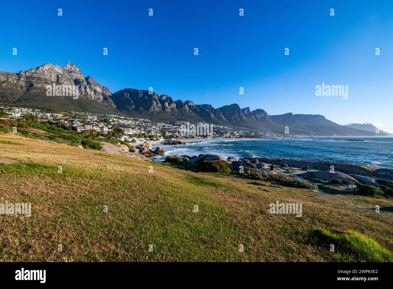 Fine sand beach under the Twelve Apostles, Camps Bay, Cape Town, South Africa, Africa Stock Photo