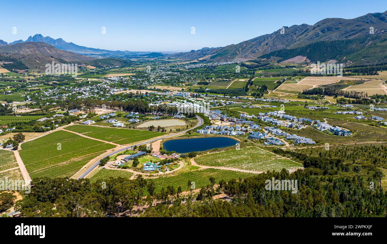 Aerial of Franschhoek, wine area, Western Cape Province, South Africa ...