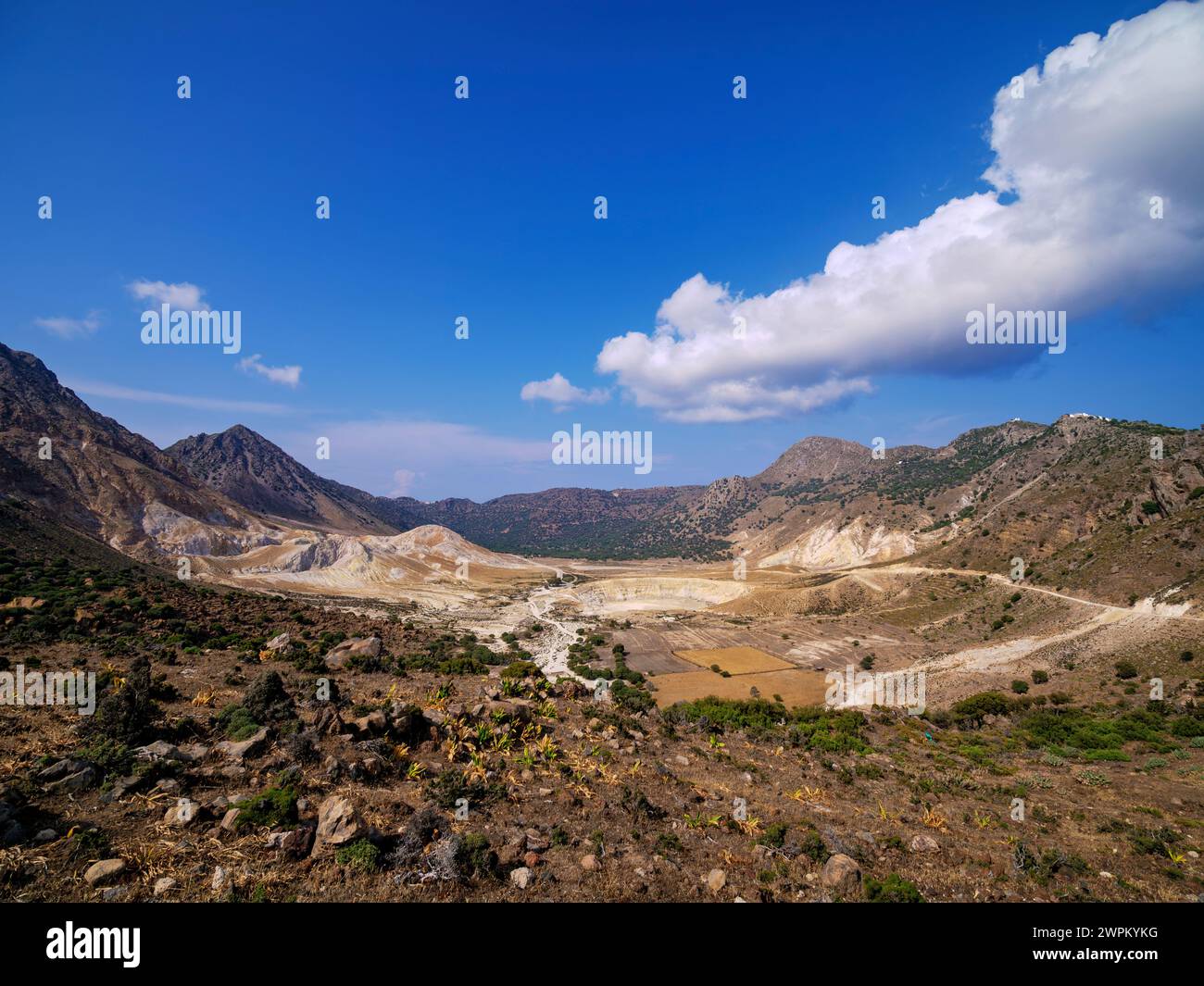View towards the Stefanos Volcano Crater, Nisyros Island, Dodecanese, Greek Islands, Greece, Europe Stock Photo