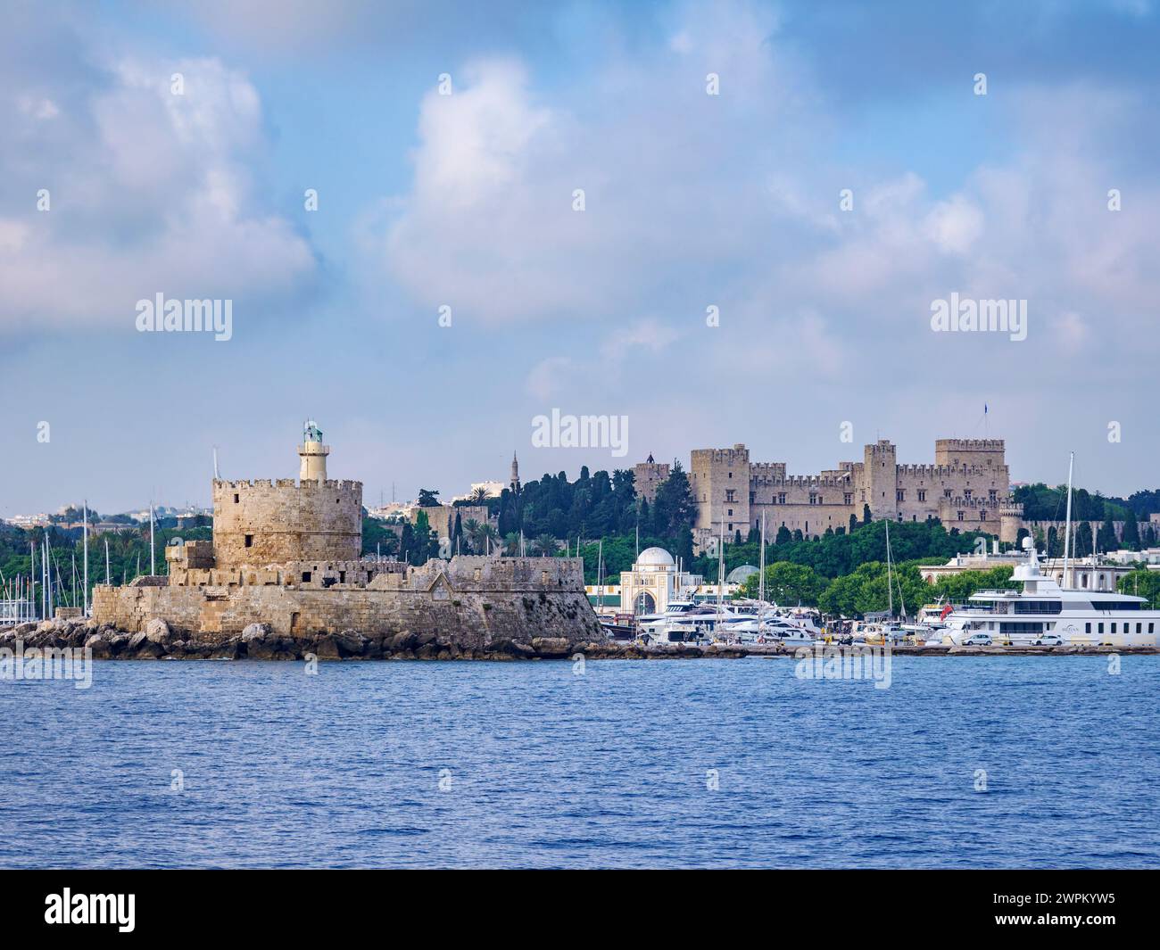 View towards the Saint Nicholas Fortress and Palace of the Grand Master of the Knights of Rhodes, UNESCO, Rhodes City, Rhodes Island, Dodecanese Stock Photo