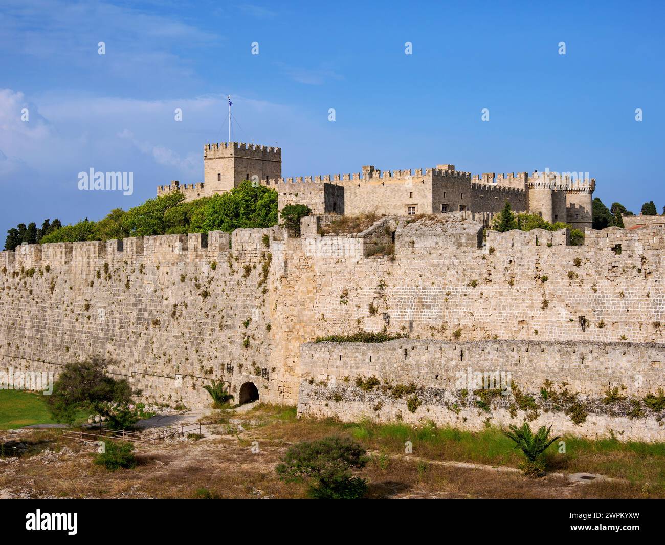 Defensive Wall and Palace of the Grand Master of the Knights of Rhodes, UNESCO, Medieval Old Town, Rhodes City, Rhodes Island, Dodecanese Stock Photo