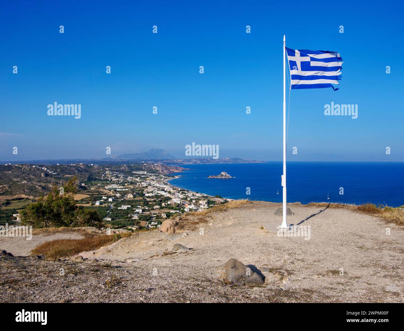 Greek Flag at the Castle of Kefalos, Kos Island, Dodecanese, Greek Islands, Greece, Europe Stock Photo