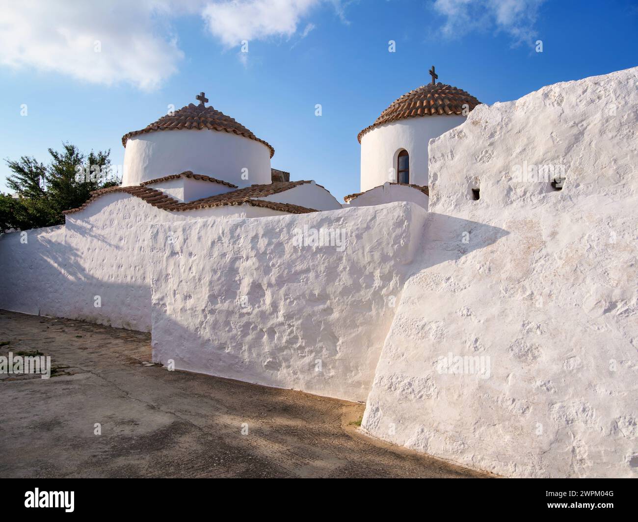 Whitewashed Churches of Patmos Chora, Patmos Island, Dodecanese, Greek Islands, Greece, Europe Stock Photo