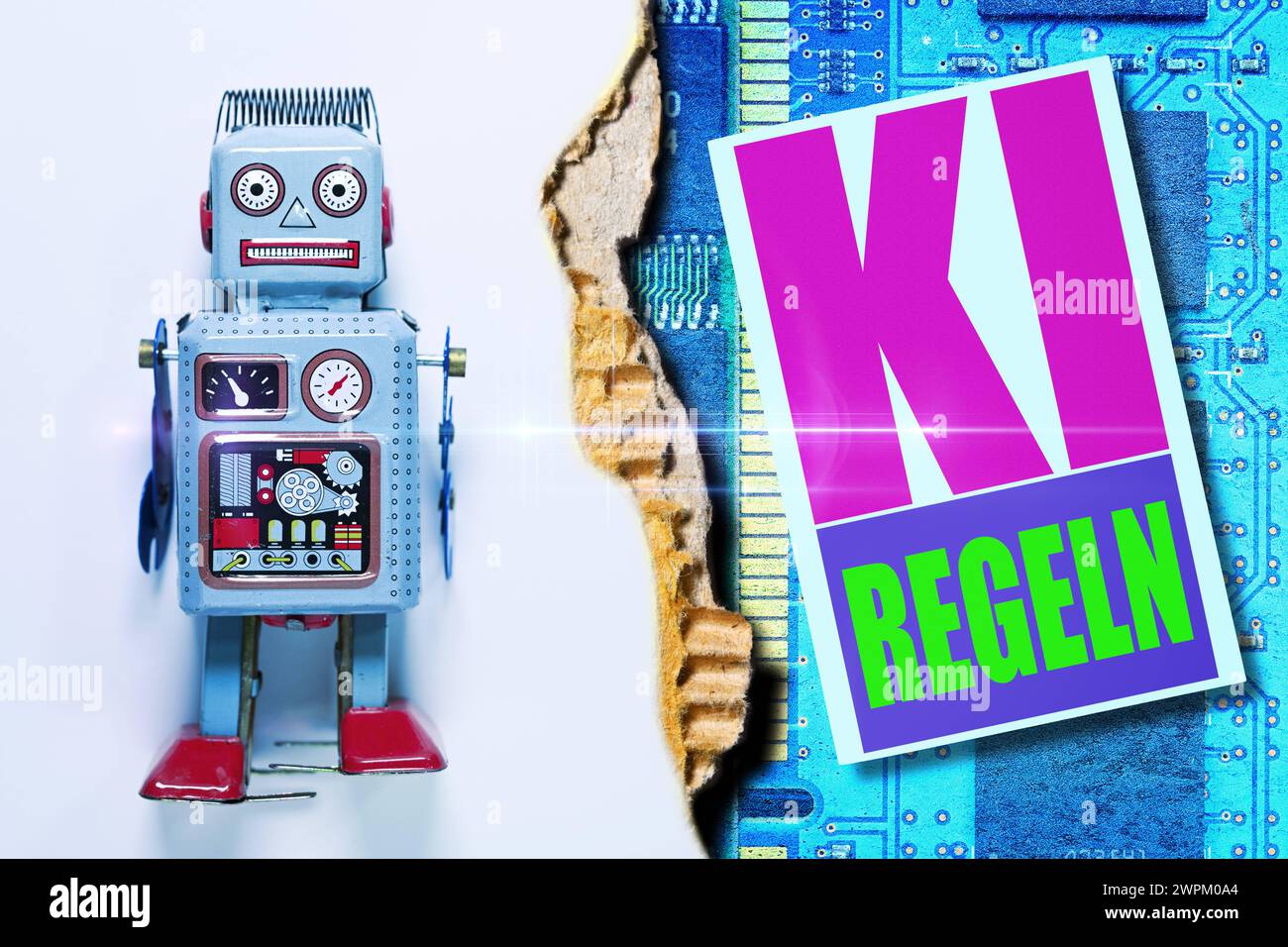 FOTOMONTAGE, Roboterfigur und Buch mit Aufschrift KI-Regeln *** FOTOMONTAGE, robot figure and book with inscription AI rules Stock Photo