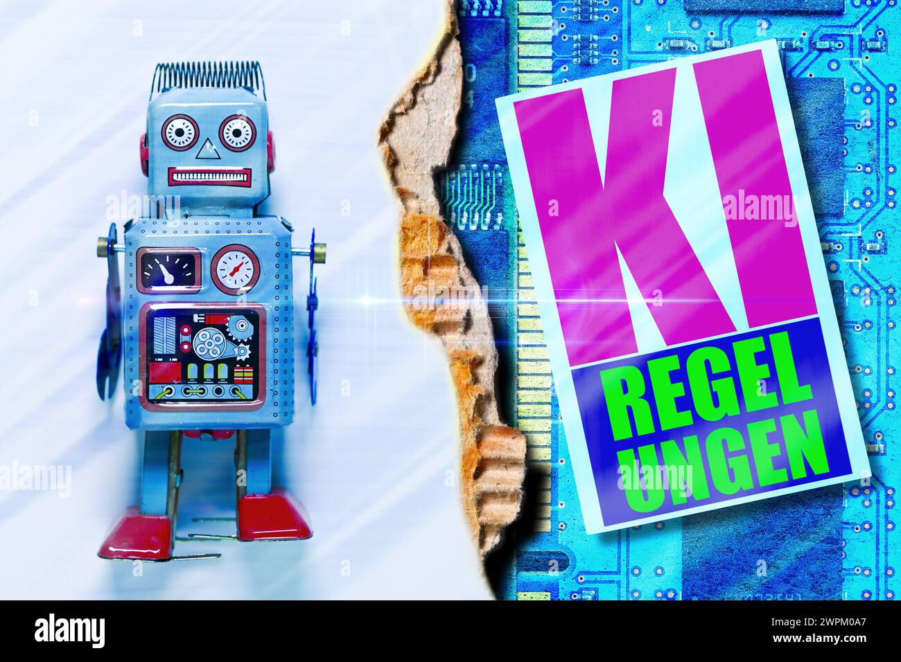 FOTOMONTAGE, Roboterfigur und Buch mit Aufschrift KI-Regelungen *** FOTOMONTAGE, robot figure and book with inscription AI regulations Stock Photo