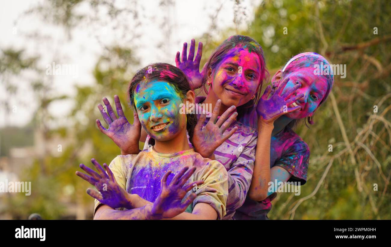Indian Child Color Hand Happy Cute Smiling little Indian kids showing their colourful hands or ...