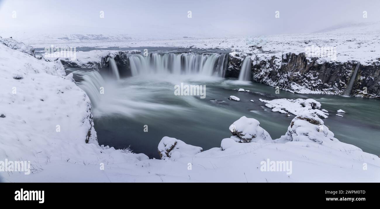 Snow covered Godafoss waterfall in northern Iceland, Polar Regions Stock Photo