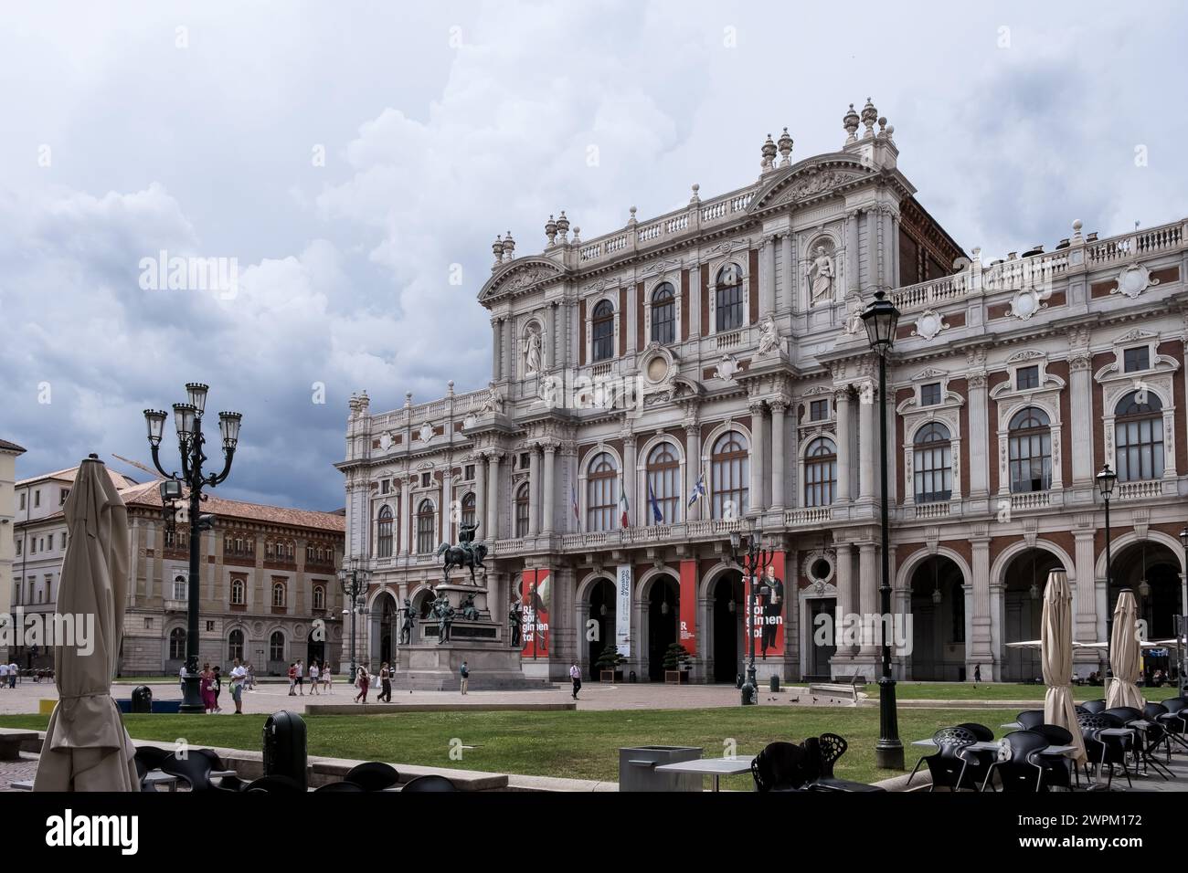 View of the 19th century rear facade of the Palazzo Carignano, UNESCO, housing the Museum of the Risorgimento, Piazza Carlo Alberto, Turin, Piedmont Stock Photo