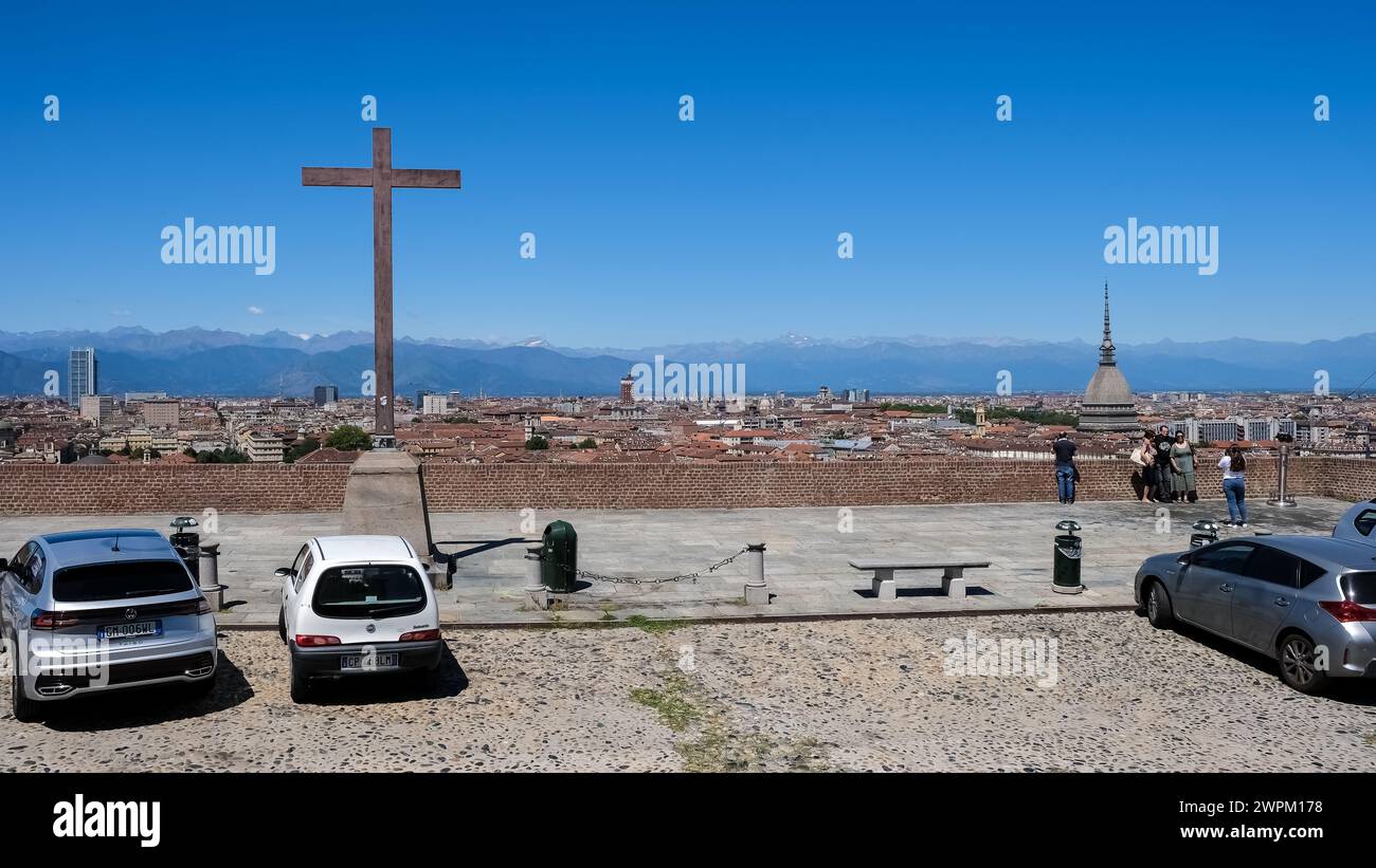 Cityscape from the Monte dei Cappuccini, a hill rising about 200 meters from the right bank of the River Po, in the Borgo Po district, Turin, Piedmont Stock Photo