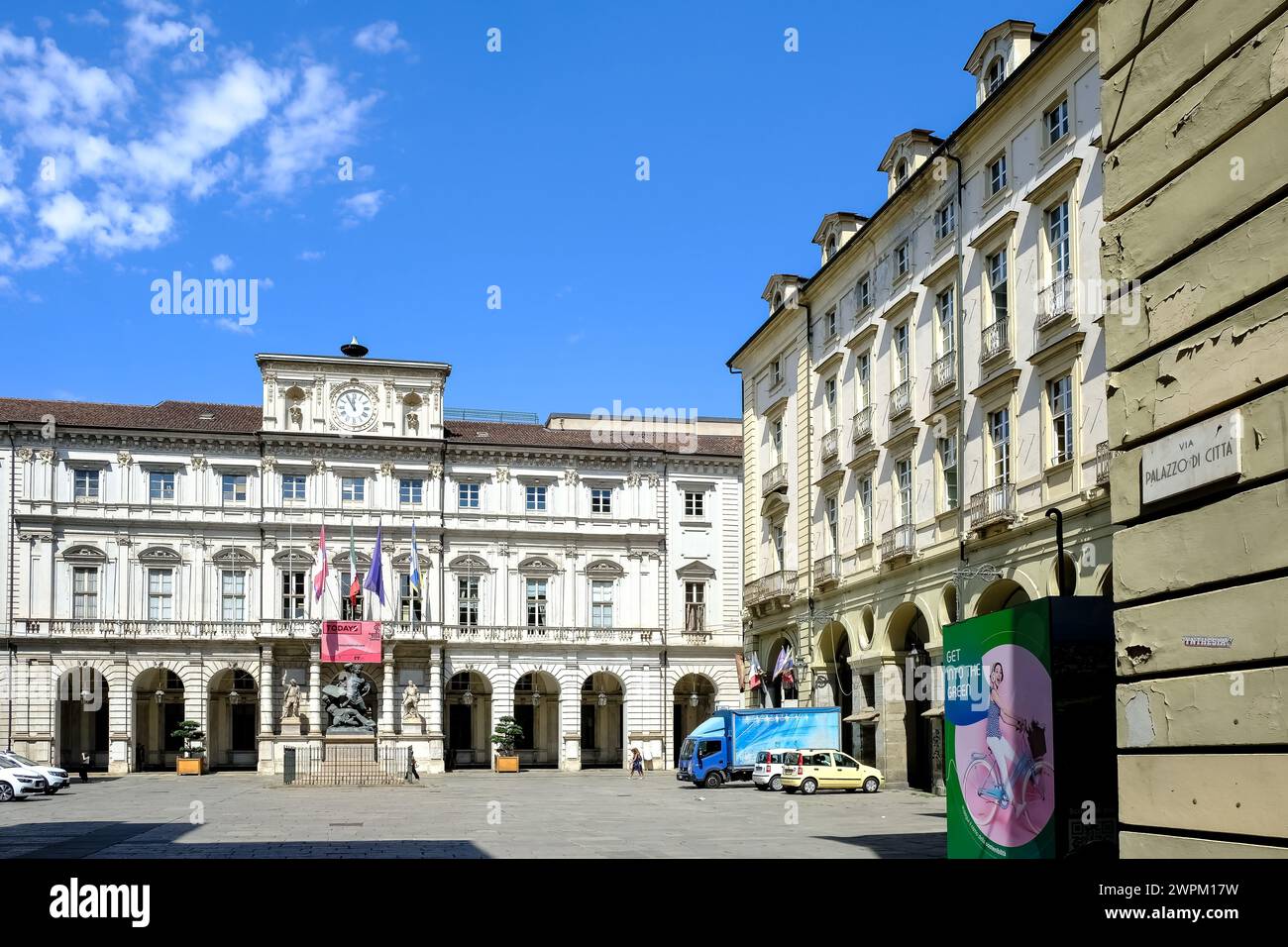 View of Piazza Palazzo di Citta, a central square built on the site of the ancient Roman city, and location of Palazzo Civico, Turin, Piedmont, Italy Stock Photo