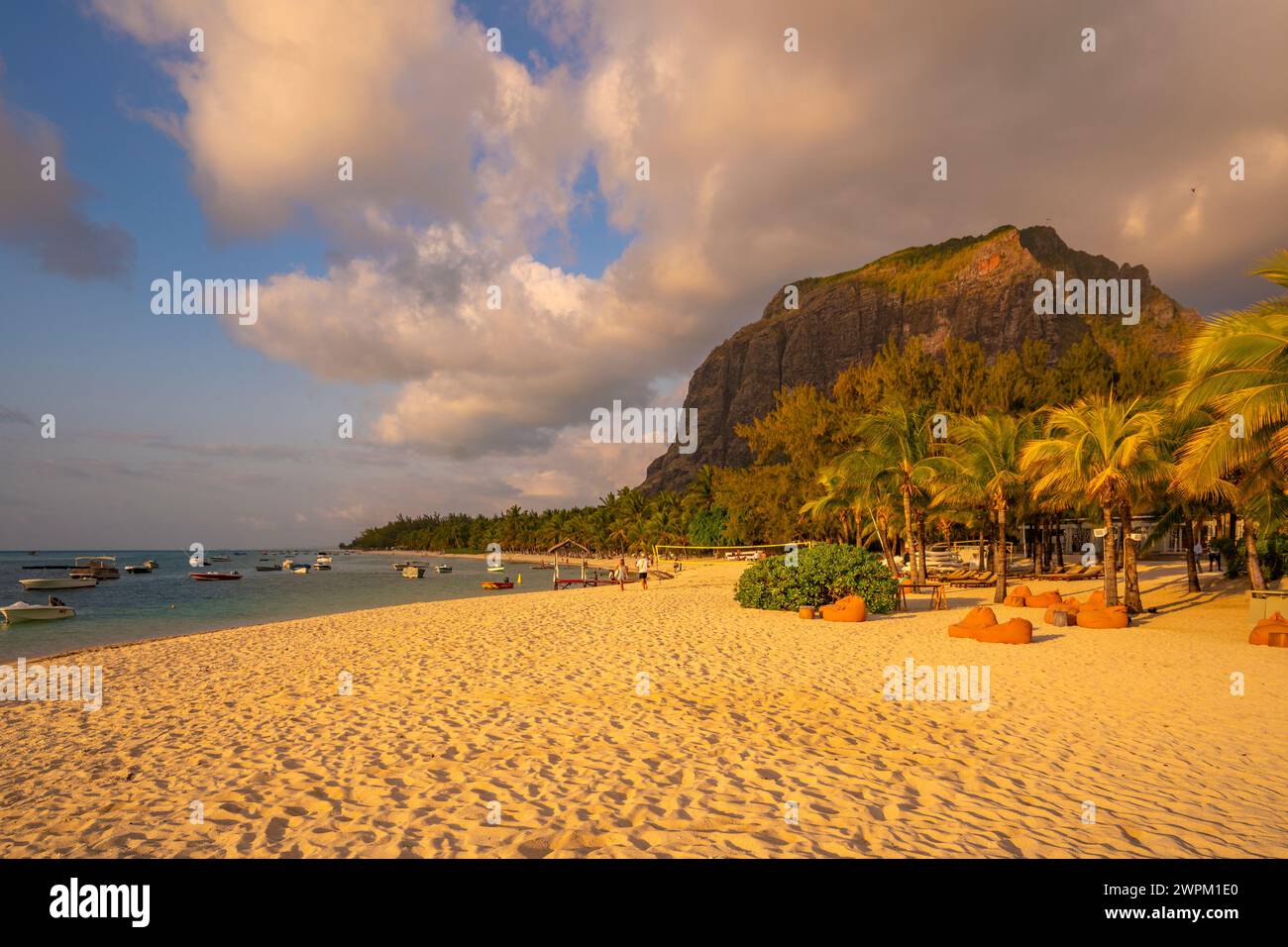 View of Le Morne Public Beach at sunset, Le Morne, Riviere Noire District, Mauritius, Indian Ocean, Africa Stock Photo
