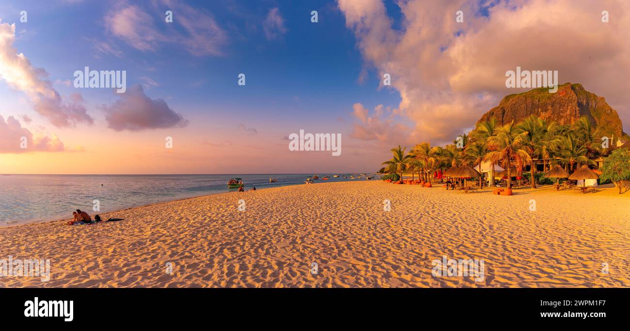 View of Le Morne Public Beach at sunset, Le Morne, Riviere Noire District, Mauritius, Indian Ocean, Africa Stock Photo