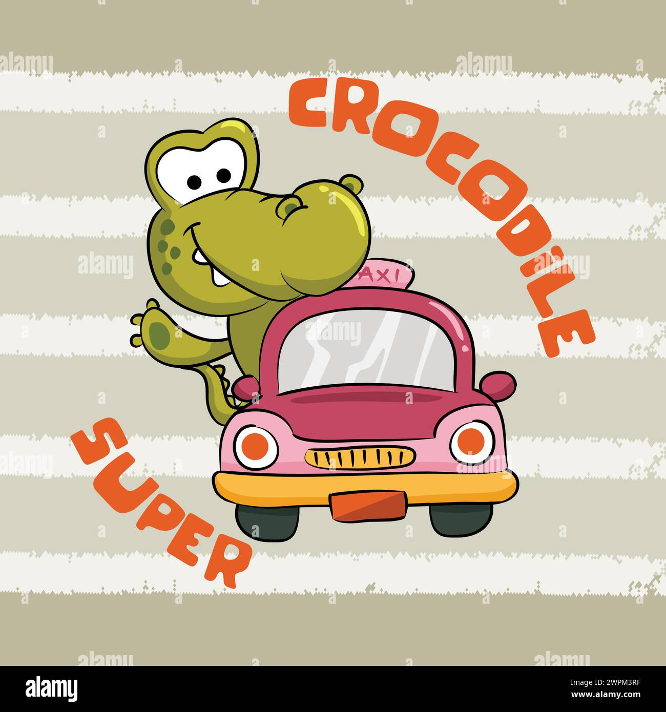 Super Crocodile is riding a car. Crocodile cartoon illustration Stock Vector