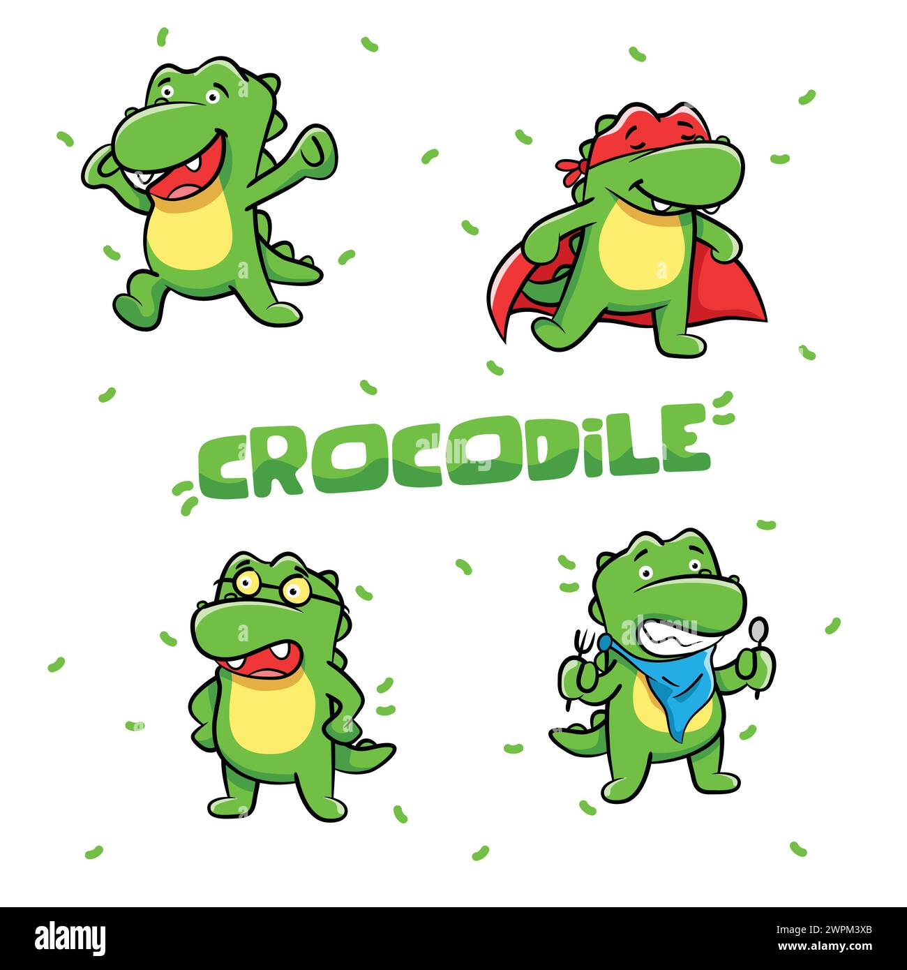 Cute Crocodile cartoon vector set. Green crocodile cartoon character Stock Vector