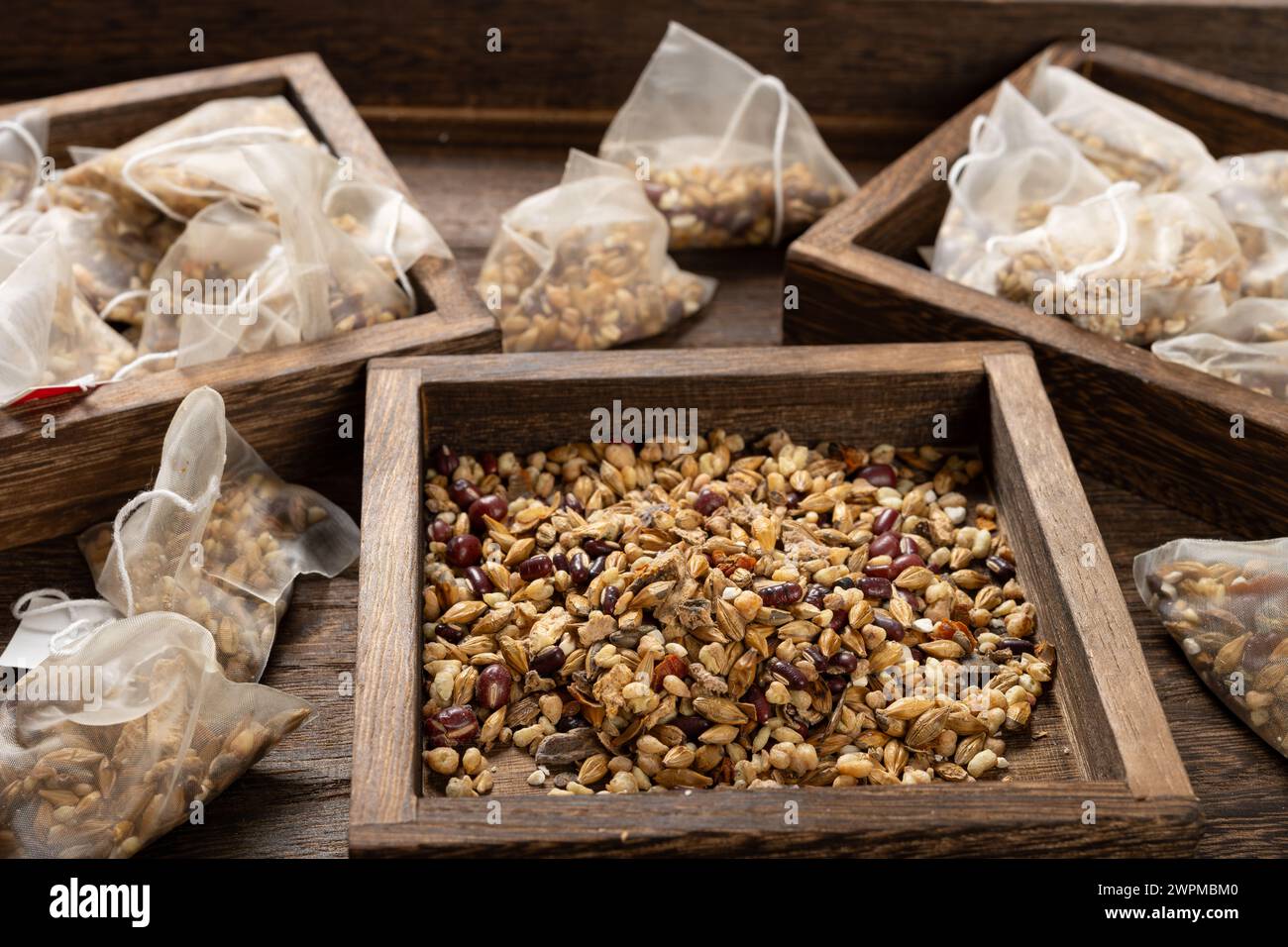 angle view tea bags of red bean and barley tea at horizontal