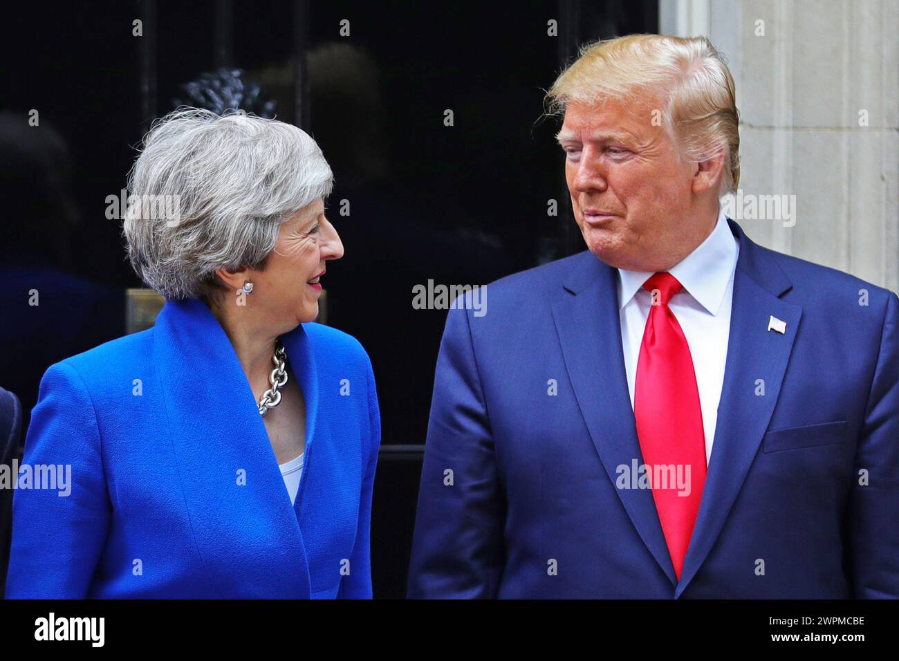 File photo dated 04/06/19 of the then prime minister Theresa May welcoming US President Donald Trump to Downing Street, London, on the second day of his state visit to the UK. Theresa May has said she will not fight the next general election, bringing a 27-year career in Parliament to an end. Issue date: Friday March 8, 2024. Stock Photo