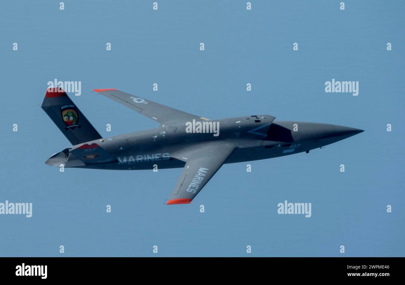 Valparaiso, United States. 03 October, 2023. A U.S. Marine Corps XQ-58A Valkyrie, highly autonomous, tactical stealth unmanned air vehicle, soars overhead during the first test flight at Eglin Air Force Base, October 3, 2023 in Valparaiso, Florida. The XQ-58A Valkyrie is designed to escort manned fighter aircraft during combat missions. Credit: Capt. Alyssa Myers/U.S Marines/Alamy Live News Stock Photo