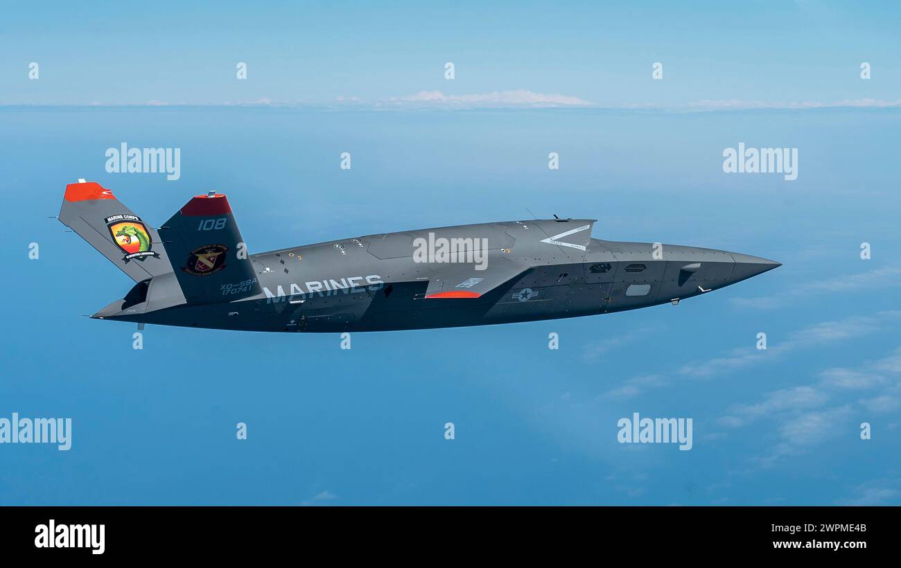 Valparaiso, United States. 23 February, 2024. A U.S. Marine Corps XQ-58A Valkyrie, highly autonomous, tactical stealth unmanned air vehicle, soars overhead during its second test flight at Eglin Air Force Base, February 23, 2024 in Valparaiso, Florida. The XQ-58A Valkyrie is designed to escort manned fighter aircraft during combat missions. Credit: MSgt. John McRell/U.S Marines/Alamy Live News Stock Photo