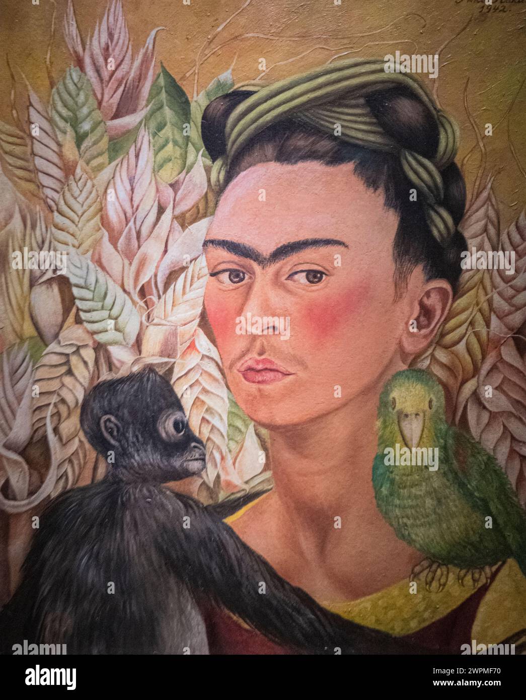 Frida Kahlo: "Autorretrato con chango y loro" (Self portrait with monkey and parrot) - (1942) Stock Photo