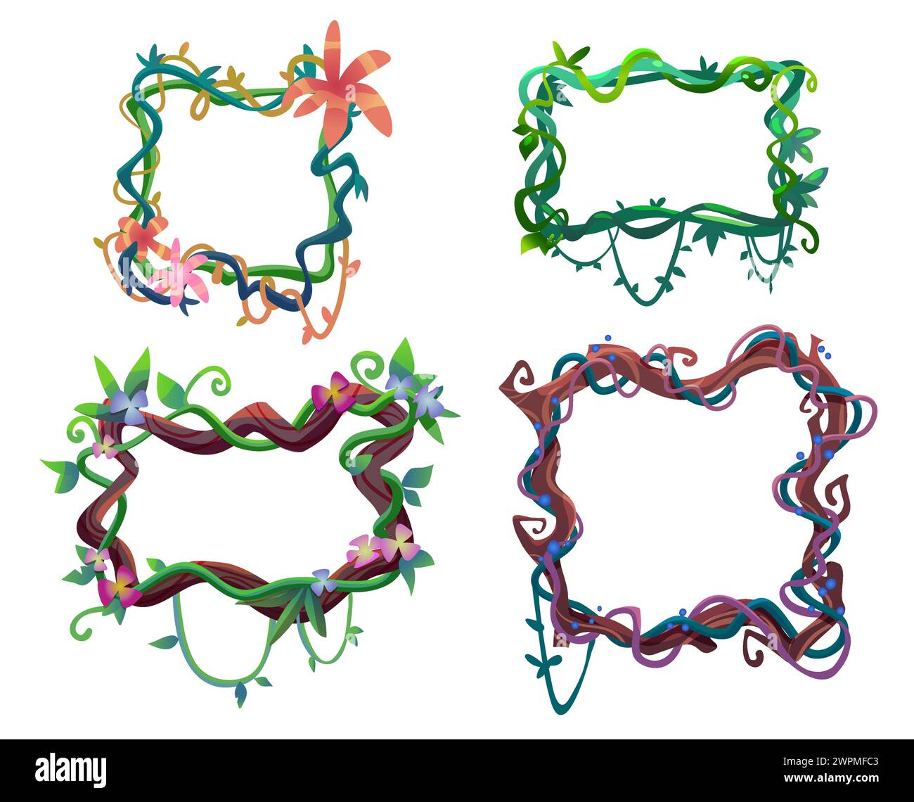 Frames made from liana vine with leaves and flowers. Cartoon vector set of borders from jungle plant branches. Creeping hanging rain forest tree veget Stock Vector