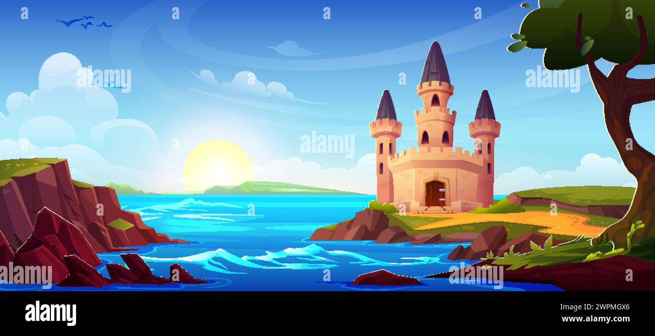 Fairytale medieval castle with stone walls, high tower, windows and gate doors standing on shore of sea or river on summer sunny day. Cartoon landscap Stock Vector
