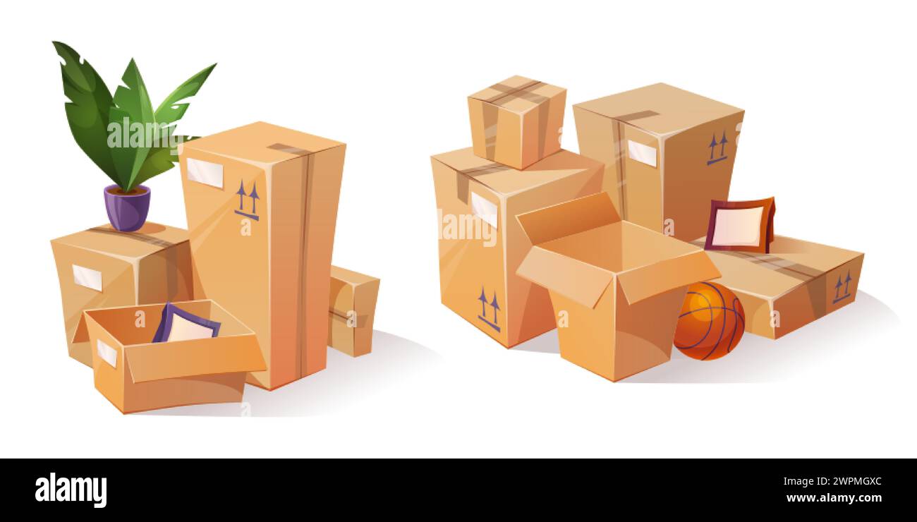 Cardboard box piles with house stuff for move to new home, garage sale or storage concept. Cartoon vector illustration set of open and closed carton p Stock Vector