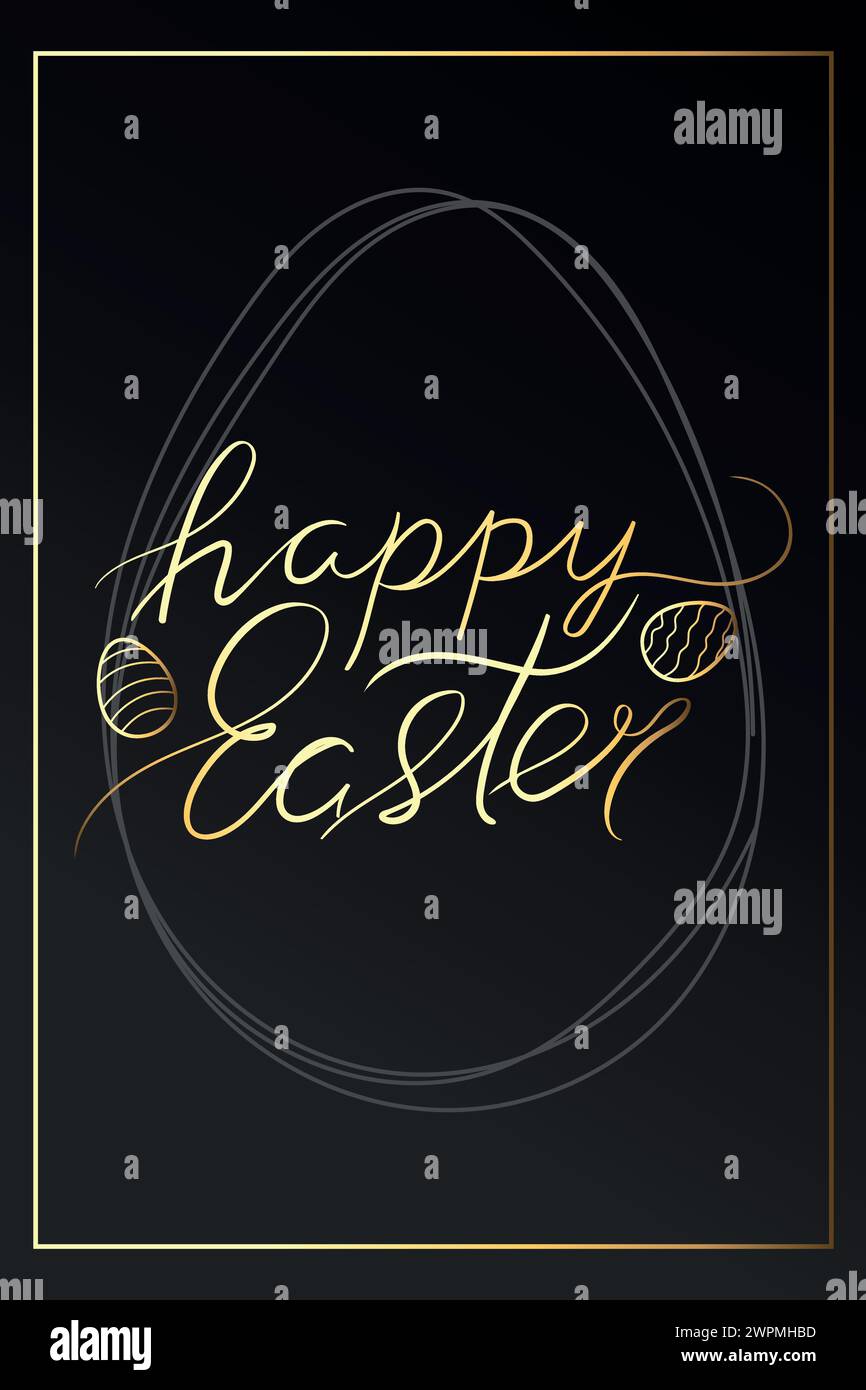 Happy Easter golden calligraphy. Decorated with Easter eggs. Vector illustration Stock Vector