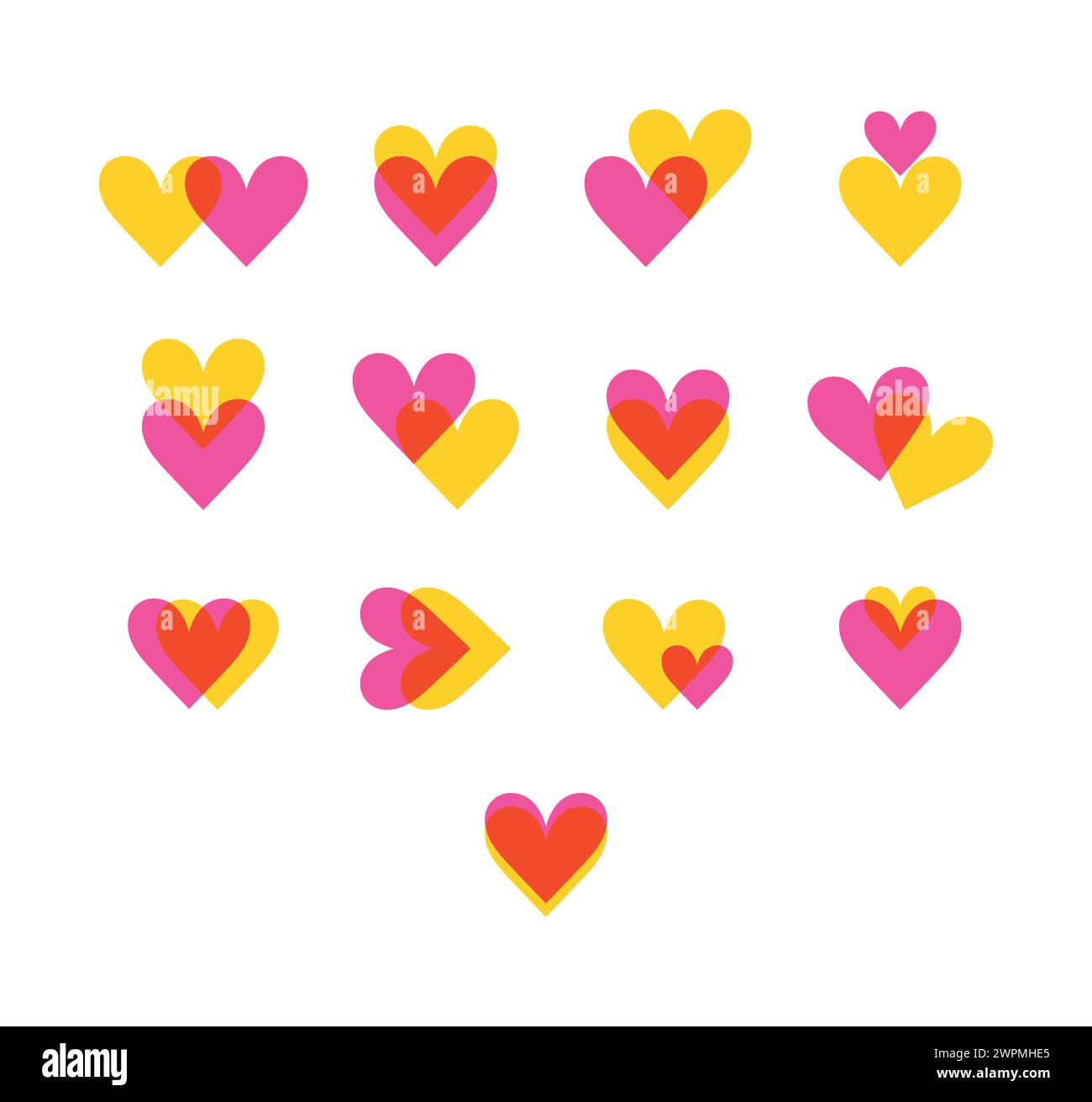 Bright colored hearts icon set. Merged Hearts. Heart on heart. Flat style. Vector illustration Stock Vector