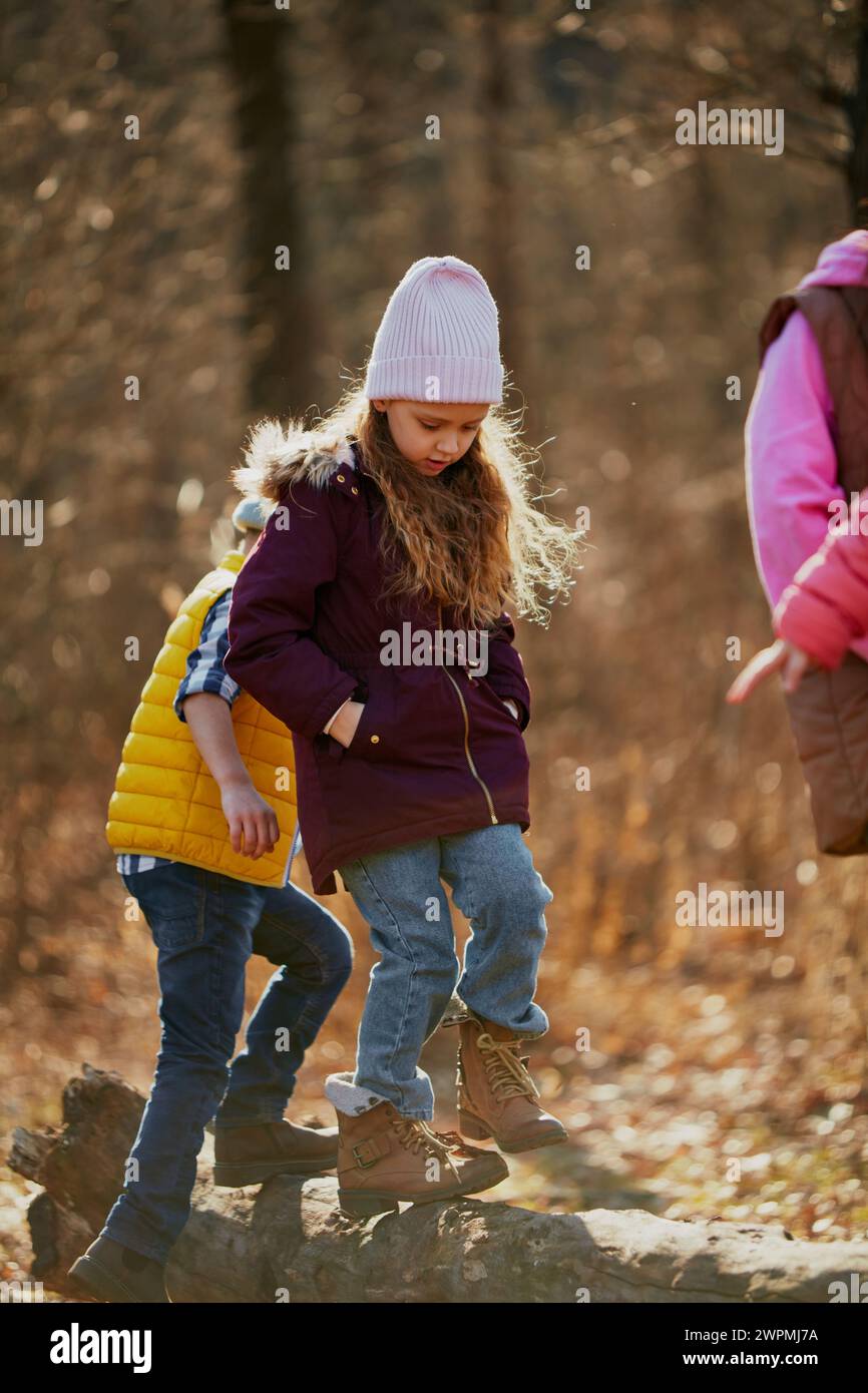 Little explorers, schoolboys and girls, walking across log, practicing ...
